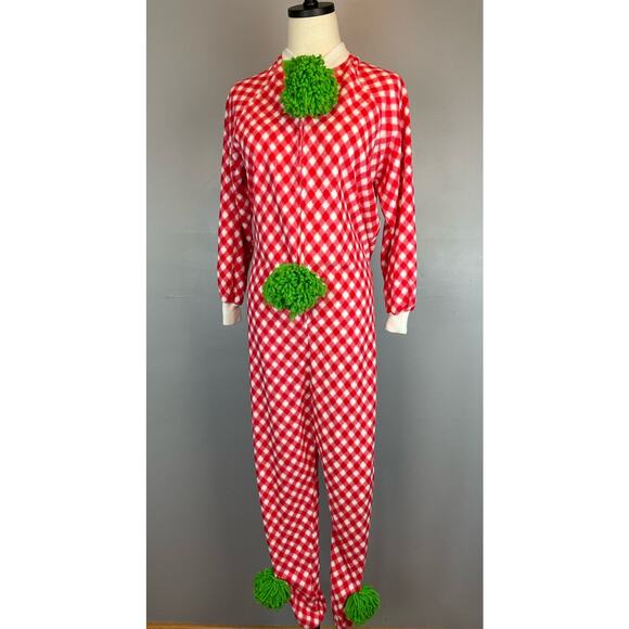 Vintage 1970s Homemade Clown Costume Red White Checked Green Pom Pom Small - Picture 2 of 10